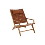 Teak wood lounge chair with brown leather lattice weave and a slung cushion headrest—blending classic craftsmanship with modern style.