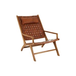 Teak wood lounge chair with brown leather lattice weave and a slung cushion headrest—blending classic craftsmanship with modern style.