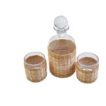 3-piece glass and decanter set with rattan wrap – stylish drinkware for bar or home use.