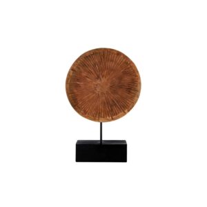 Large carved mango wood disc on a black iron base with textured concave surface.