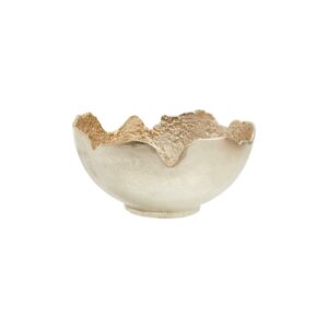 Large decorative bowl with silver and gold metallic finish in sculptural aluminium.