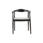 Grey leather chair with black teak frame, open back design, and metallic stud detailing—blending elegance with everyday comfort.
