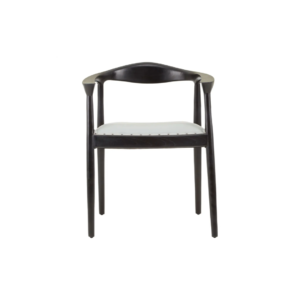 Grey leather chair with black teak frame, open back design, and metallic stud detailing—blending elegance with everyday comfort.