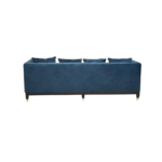 Three-seat navy Chesterfield-style fabric sofa with button tufting and gold-accented wooden legs.