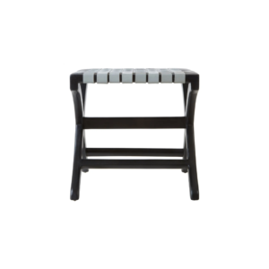 Teak wood stool with woven grey leather straps and black-stained scrolled legs, blending boho style with natural sophistication.