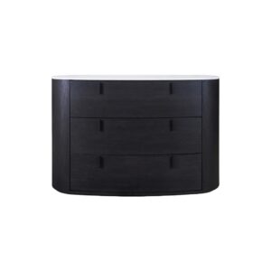 Black-brown oak oval chest of drawers with white stone top and three drawers with metal handles.