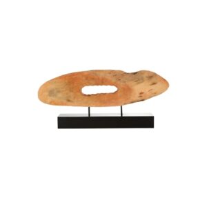 Natural mango wood slice sculpture with hollow centre on black iron base.