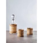 3-piece glass and decanter set with rattan wrap – stylish drinkware for bar or home use.