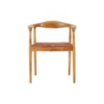 Brown leather chair with natural teak frame, open back, and curved armrests—featuring metallic stud accents for a timeless, handcrafted look.
