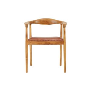 Brown leather chair with natural teak frame, open back, and curved armrests—featuring metallic stud accents for a timeless, handcrafted look.