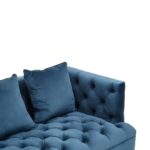 Three-seat navy Chesterfield-style fabric sofa with button tufting and gold-accented wooden legs.