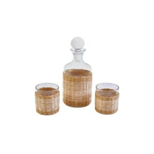3-piece glass and decanter set with rattan wrap – stylish drinkware for bar or home use.