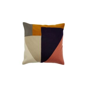 Abstract embroidered cushion in multi-colour geometric pattern, square shape with cotton and acrylic fabric blend.