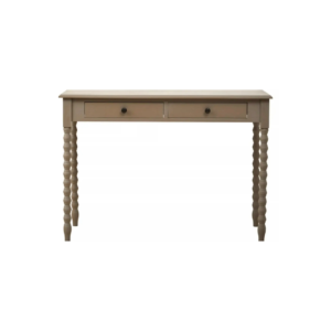 Grey wooden desk with two drawers, spindle legs, and metal knob handles.