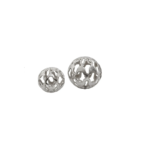 Pair of silver aluminium decorative spheres with cut-out pattern and polished finish.