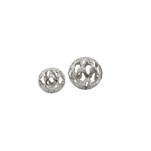 Pair of silver aluminium decorative spheres with cut-out pattern and polished finish.