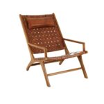 Teak wood lounge chair with brown leather lattice weave and a slung cushion headrest—blending classic craftsmanship with modern style.