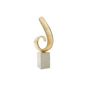 Gold finish curl sculpture on white marble base – modern decorative accent.