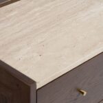 Dark brown oak chest of drawers with six drawers, white stone top, and elegant side profiles—designed for luxury interiors and refined storage.