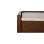 Dark brown oak chest of drawers with six drawers, white stone top, and elegant side profiles—designed for luxury interiors and refined storage.