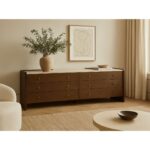 Dark brown oak chest of drawers with six drawers, white stone top, and elegant side profiles—designed for luxury interiors and refined storage.