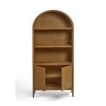 Tall natural oak display cabinet with rounded top, open shelving, and two-door lower storage.