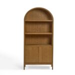 Tall natural oak display cabinet with rounded top, open shelving, and two-door lower storage.