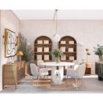 Tall natural oak display cabinet with rounded top, open shelving, and two-door lower storage.