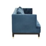 Three-seat navy Chesterfield-style fabric sofa with button tufting and gold-accented wooden legs.