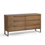 Natural oak sideboard with six drawers and gold metal legs, blending functional storage with modern elegance for contemporary interiors.