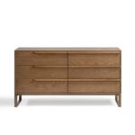 Natural oak sideboard with six drawers and gold metal legs, blending functional storage with modern elegance for contemporary interiors.