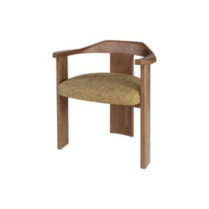 Contemporary armchair with a walnut-finished wood frame and Havana-coloured cushion in VEROTEX fabric, designed for modern, eco-conscious interiors.