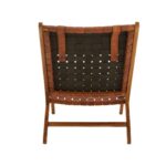 Teak wood lounge chair with brown leather lattice weave and a slung cushion headrest—blending classic craftsmanship with modern style.