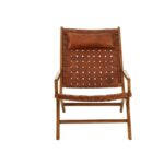 Teak wood lounge chair with brown leather lattice weave and a slung cushion headrest—blending classic craftsmanship with modern style.