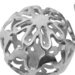 Pair of silver aluminium decorative spheres with cut-out pattern and polished finish.