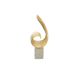 Gold finish curl sculpture on white marble base – modern decorative accent.