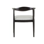 Grey leather chair with black teak frame, open back design, and metallic stud detailing—blending elegance with everyday comfort.