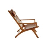 Teak wood lounge chair with brown leather lattice weave and a slung cushion headrest—blending classic craftsmanship with modern style.