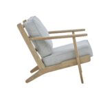 Oak armchair with grey linen cushions, slatted back, and mid-century modern design featuring pointed legs and straight arms.