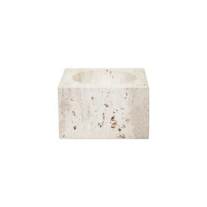 Square travertine bowl with round interior, showcasing earthy tones and natural veining.