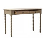 Grey wooden desk with two drawers, spindle legs, and metal knob handles.