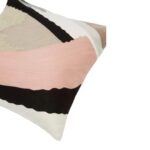 Square cushion with embroidered abstract motifs in pink tones, crafted from cotton, acrylic, and polyester blend.