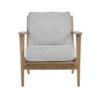 Oak armchair with grey linen cushions, slatted back, and mid-century modern design featuring pointed legs and straight arms.