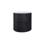 Elegant black oak bedside table with an oval design, stone top, and two drawers, combining natural warmth with contemporary style.