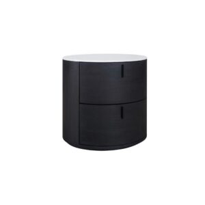 Elegant black oak bedside table with an oval design, stone top, and two drawers, combining natural warmth with contemporary style.