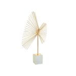 Elegant gold spiral sculpture with spokes on a white marble base.