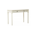 Ivory pine desk with spindle legs and two drawers with metallic knob handles.