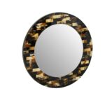 Round wall mirror with natural brown mother of pearl inlay frame.