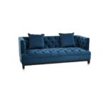 Two-seat navy fabric Chesterfield-style sofa with button tufting and gold-accented wooden legs.