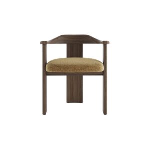Contemporary armchair with a walnut-finished wood frame and Havana-coloured cushion in VEROTEX fabric, designed for modern, eco-conscious interiors.